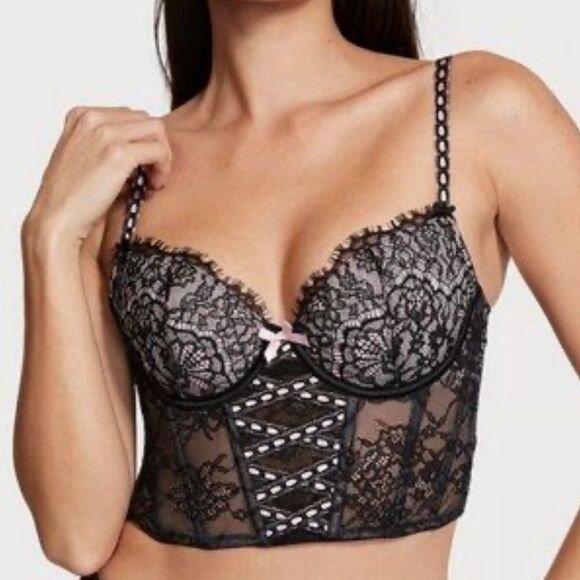 NWT Victoria’s Secret Black Lace Longline Bustier Bra - Size S-DD - Picture 1 of 5